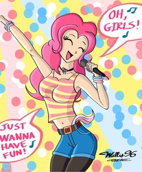 Size: 1084x1308 | Tagged: safe, artist:walliscolours, pinkie pie, human, g4, cyndi lauper, girls just wanna have fun, humanized, karaoke, singing, solo, song reference