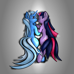 Size: 2000x2000 | Tagged: safe, trixie, twilight sparkle, g4, cuddling, cute, female, lesbian, ship:twixie, shipping