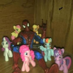 Size: 1024x1024 | Tagged: safe, applejack, fluttershy, pinkie pie, rainbow dash, rarity, twilight sparkle, g4, blind bag, irl, male, photo, spider-man, toy