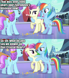 Size: 1280x1440 | Tagged: safe, edit, edited screencap, screencap, fleur de verre, rainbow dash, sapphire joy, crystal pony, pegasus, pony, g4, the crystal empire, comic, female, implied bisexual, innuendo, lesbian, mare, ship:verredash, shipping