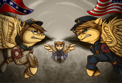 Size: 900x612 | Tagged: safe, artist:akie-tara, american civil war, civil war, clothes, confederate, flag, hetalia, ponified, union, united states, war