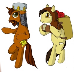 Size: 750x733 | Tagged: safe, artist:midnight-risu, earth pony, pony, unicorn, g4, holy grail, king arthur, monty python, monty python and the holy grail, patsy, ponified, spamalot