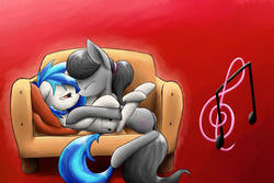 Size: 3000x2000 | Tagged: safe, artist:manearion, dj pon-3, octavia melody, vinyl scratch, g4, alternate hairstyle, couch, cuddling, cushion, ship:scratchtavia, shipping