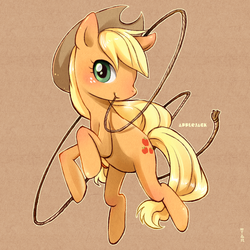 Size: 1300x1300 | Tagged: safe, artist:bji4z06kimocom, applejack, earth pony, pony, g4, female, mouth hold, rearing, rope, solo