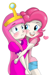 Size: 1968x2815 | Tagged: safe, artist:zorbitas, pinkie pie, human, g4, adventure time, crossover, duo, duo female, female, hug, humanized, male, princess bubblegum, simple background, transparent background