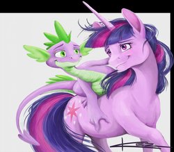 Size: 1280x1119 | Tagged: safe, artist:kez, spike, twilight sparkle, dragon, pony, unicorn, g4, dragons riding ponies, female, male, mare, riding