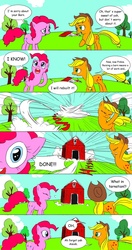 Size: 835x1579 | Tagged: safe, artist:doublewbrothers, applejack, pinkie pie, earth pony, pony, g4, amish, applejack's hat, barn, barn raising, comic, comic sans, cowboy hat, dialogue, duo, female, grammar error, hat, mare, onomatopoeia, pinkie being pinkie, what in tarnation