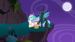 Size: 1191x670 | Tagged: safe, artist:molecular1, princess celestia, queen chrysalis, alicorn, changeling, changeling queen, pony, g4, basket, cliff, crown, eyes closed, female, jewelry, mare, moon, picnic basket, regalia