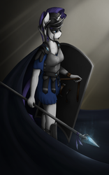 Size: 1800x2880 | Tagged: safe, artist:tenart, rarity, anthro, g4, armor, cape, clothes, female, scutum, shield, solo, spear, weapon