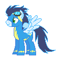 Size: 120x120 | Tagged: safe, artist:kevfin, soarin', pegasus, pony, g4, male, pixel art, simple background, solo, spread wings, sprite, stallion, transparent background, wings, wonderbolts uniform