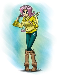 Size: 1200x1600 | Tagged: safe, artist:glancojusticar, fluttershy, butterfly, human, g4, clothes, cutie mark on clothes, female, humanized, solo, sweater, sweatershy, winged humanization