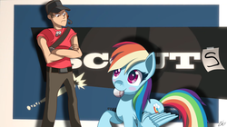 Size: 1248x700 | Tagged: safe, artist:zelc-face, rainbow dash, human, g4, baseball, behaving like a dog, mouth hold, scout (tf2), team fortress 2
