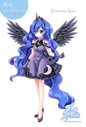 Size: 800x1181 | Tagged: safe, artist:sakuranoruu, princess luna, human, g4, anime, clothes, cute, female, gloves, high heels, horn, horned humanization, humanized, lunabetes, moe, solo, tailed humanization, winged humanization