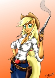 Size: 1240x1754 | Tagged: safe, artist:ciriliko, applejack, earth pony, anthro, g4, ambiguous facial structure, belt, breasts, cleavage, gradient background, gun, holster, orange background, pistol, revolver, simple background, straw in mouth, weapon
