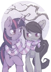Size: 1054x1500 | Tagged: dead source, safe, artist:lonelycross, octavia melody, twilight sparkle, earth pony, pony, unicorn, g4, blushing, clothes, female, lesbian, looking at each other, raised hoof, scarf, shared clothing, shared scarf, shipping, smiling, snow, snowfall, tree, twitavia, unicorn twilight