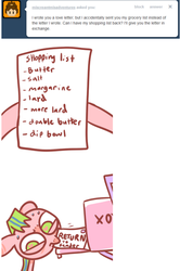 Size: 485x729 | Tagged: safe, artist:askloveletters, oc, oc only, oc:love letters, pony, ask love letters, ask, butter, double butter, mouth hold, shopping list, solo, tumblr
