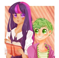 Size: 1280x1253 | Tagged: safe, artist:bunnynomnomsme, spike, twilight sparkle, g4, humanized