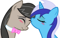 Size: 2312x1466 | Tagged: safe, minuette, octavia melody, earth pony, pony, unicorn, g4, female, kissing, lesbian, minutavia, shipping, simple background, transparent background, vector