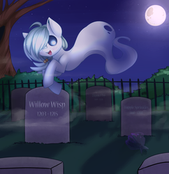 Size: 2873x2974 | Tagged: safe, artist:spittfireart, oc, oc only, oc:willow wisp, ghost, ghost pony, monster pony, grave, moon, night, solo, spirit