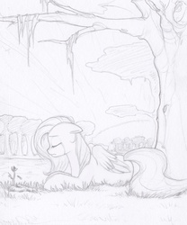 Size: 800x962 | Tagged: safe, artist:cobaltsnow, fluttershy, pony, g4, crying, female, flower, forest, lake, monochrome, sketch, solo, traditional art, tree