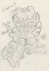 Size: 481x691 | Tagged: safe, artist:slightlyshade, twist, earth pony, pony, g4, cookie, female, filly, foal, glasses, happy, monochrome, sitting, solo, traditional art