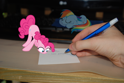 Size: 3872x2592 | Tagged: safe, artist:bushinio, pinkie pie, rainbow dash, human, g4, hand, micro, paper, pen, ponies in real life, sleeping, sleepydash, vector