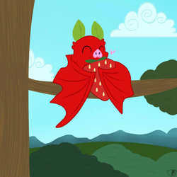 Size: 1000x1000 | Tagged: safe, artist:balloons504, bat, fruit bat, in a tree, no pony, outdoors, solo, strawberry, tree