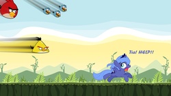 Size: 1200x675 | Tagged: safe, princess luna, alicorn, bird, bluebird, canary, cardinal, pony, g4, angry birds, blue bird, chuck (angry birds), crossover, female, filly, filly luna, foal, jake (angry birds), jay (angry birds), jim (angry birds), red bird, the blues, woona, younger