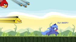 Size: 1200x675 | Tagged: safe, artist:flausch-katzerl, editor:choppasmith, princess luna, alicorn, bird, bluebird, canary, cardinal, pony, g4, angry birds, chuck (angry birds), crossover, female, filly, filly luna, foal, jake (angry birds), jay (angry birds), jim (angry birds), red bird, the blues, woona, younger