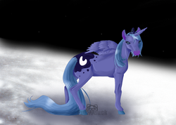 Size: 1304x929 | Tagged: safe, artist:puffleduck, princess luna, horse, pony, g4, female, moon, realistic, solo
