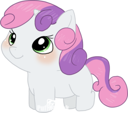 Size: 894x791 | Tagged: safe, artist:puffleduck, sweetie belle, pony, unicorn, g4, adorable face, blushing, chibi, cute, diasweetes, simple background, solo, transparent background, weapons-grade cute