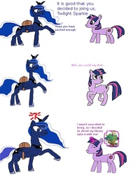 Size: 500x633 | Tagged: safe, artist:juu50x, princess luna, twilight sparkle, g4, adventure, comic, drawing, female, humor, lesbian, packing, quest, ship:twiluna, shipping, shrinking