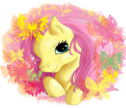 Size: 1057x904 | Tagged: safe, artist:puffleduck, fluttershy, butterfly, pony, g4, bust, female, mare, portrait, solo