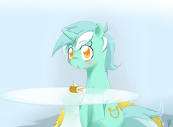 Size: 1200x884 | Tagged: safe, artist:stalemeat, lyra heartstrings, pony, unicorn, g4, apple, apple slice, cake, colored pupils, sitting, solo, table