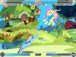 Size: 640x481 | Tagged: safe, angel bunny, fluttershy, rainbow dash, pegasus, pony, rabbit, fighting is magic, g4, bridge, female, fluttershy's cottage, mare, palette swap, recolor