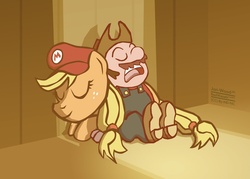 Size: 1200x860 | Tagged: safe, artist:jon-wood, applejack, g4, accessory swap, crossover, male, mario, nintendo, sleeping, super mario bros.