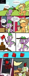 Size: 1750x4510 | Tagged: safe, artist:helsaabi, applejack, granny smith, spike, g4, accident, axe, comic, fainted, weapon, wood