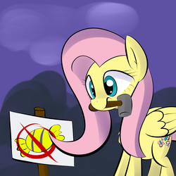 Size: 2000x2000 | Tagged: safe, artist:malwinters, fluttershy, g4, female, halloween, hammer, mallet, mouth hold, nightmare night, sign, solo