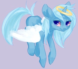 Size: 722x645 | Tagged: dead source, safe, artist:piptart, trixie, angel, pony, unicorn, g4, ask-stoned-trixie, female, halo, looking at you, mare, simple background, solo, stoned trixie, wings