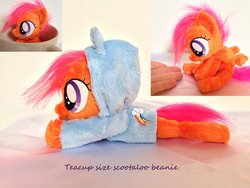 Size: 1032x774 | Tagged: safe, artist:epicrainbowcrafts, scootaloo, pegasus, pony, g4, beanie (plushie), blank flank, clothes, cute, cutealoo, female, filly, foal, hoodie, irl, lying down, photo, plushie, prone, rainbow dash's cutie mark, sitting, solo, spread wings, wings