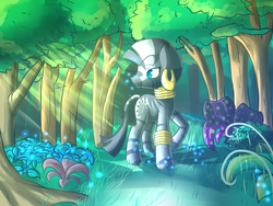 Size: 1600x1200 | Tagged: safe, artist:annakitsun3, zecora, zebra, g4, crepuscular rays, female, forest, grass, quadrupedal, solo