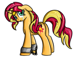 Size: 528x418 | Tagged: safe, artist:crystaltigerdragon, sunset shimmer, pony, unicorn, g4, bondage, bondage cuffs, bondage gear, butt, chains, crying, cuffs, female, floppy ears, frown, horn, horn ring, looking at you, looking back, magic suppression, plot, sad, shackles, shimmerbuse, simple background, slave, slavery, solo, sunsad shimmer, transparent background