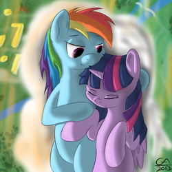 Size: 1024x1024 | Tagged: safe, artist:gamesadict, rainbow dash, twilight sparkle, alicorn, pony, g4, cloud, cuddling, eyes closed, female, hind legs, legs together, lesbian, mare, on back, resting, ship:twidash, shipping, smiling, snuggling, twilight sparkle (alicorn), vertigo