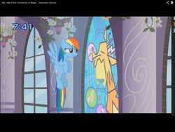 Size: 1024x768 | Tagged: safe, screencap, discord, rainbow dash, draconequus, g4, season 2, the return of harmony, duo, female, flying, japanese, letterboxing, male, mare