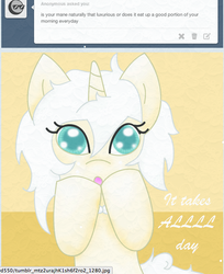 Size: 505x618 | Tagged: safe, artist:ivorylace, artist:katiespalace, oc, oc only, oc:ivory lace, pony, unicorn, ask, hair, solo, tumblr