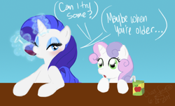 Size: 481x291 | Tagged: safe, artist:midori-no-ink, rarity, sweetie belle, g4, alcohol, dialogue, drink, juice box, magic, siblings, sisters, wine