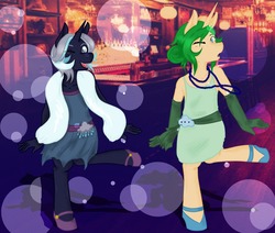 Size: 1280x1084 | Tagged: safe, artist:twitchygreyfox, oc, oc only, oc:rainbird, oc:splendid sigh, unicorn, anthro, 20s, charleston, clothes, flapper, little-rainbird, roaring 20's