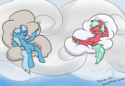 Size: 1000x685 | Tagged: safe, artist:midnight-wizard, trixie, oc, oc:headcase, g4, ask-stoned-trixie, cloud, cloudy, drugs, stoned trixie, unshorn fetlocks