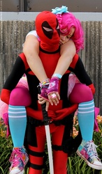 Size: 423x725 | Tagged: safe, artist:chronocrusader5, pinkie pie, human, g4, carrying, cosplay, crossover, deadpool, irl, irl human, photo, piggyback ride, pinkiepool (pairing), sword, weapon