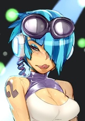 Size: 400x572 | Tagged: safe, artist:doxy, dj pon-3, vinyl scratch, human, g4, breasts, busty vinyl scratch, cleavage, cutie mark on human, eyeshadow, female, hair over one eye, headphones, humanized, keyhole shirt, makeup, portrait, solo, stupid sexy vinyl, tongue out